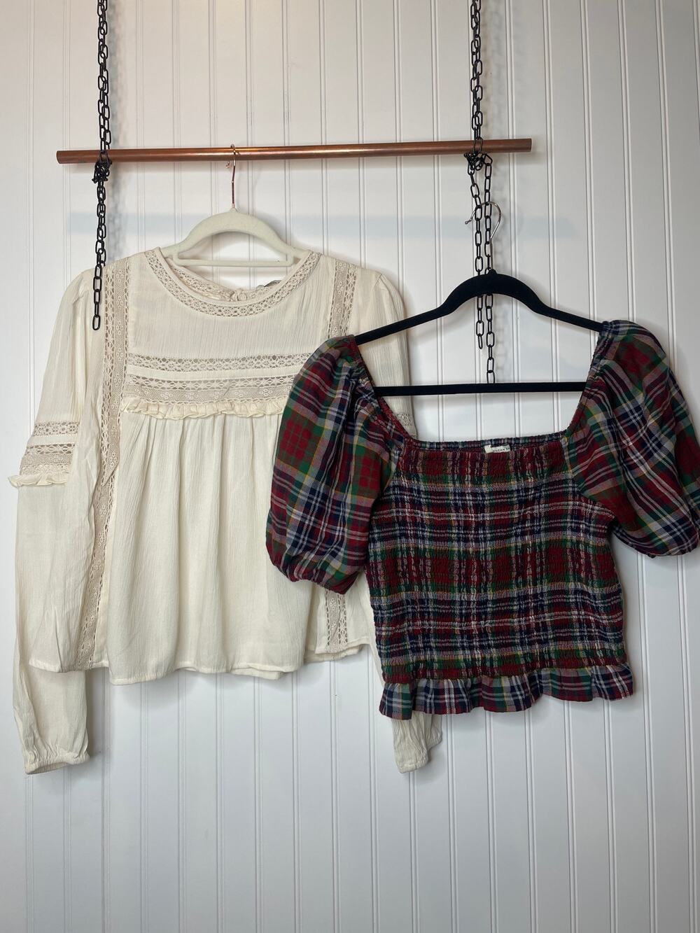 NWT‎ American Eagle High-Neck Babydoll Blouse & Smocked Puff-Sleeve Top Bundle S